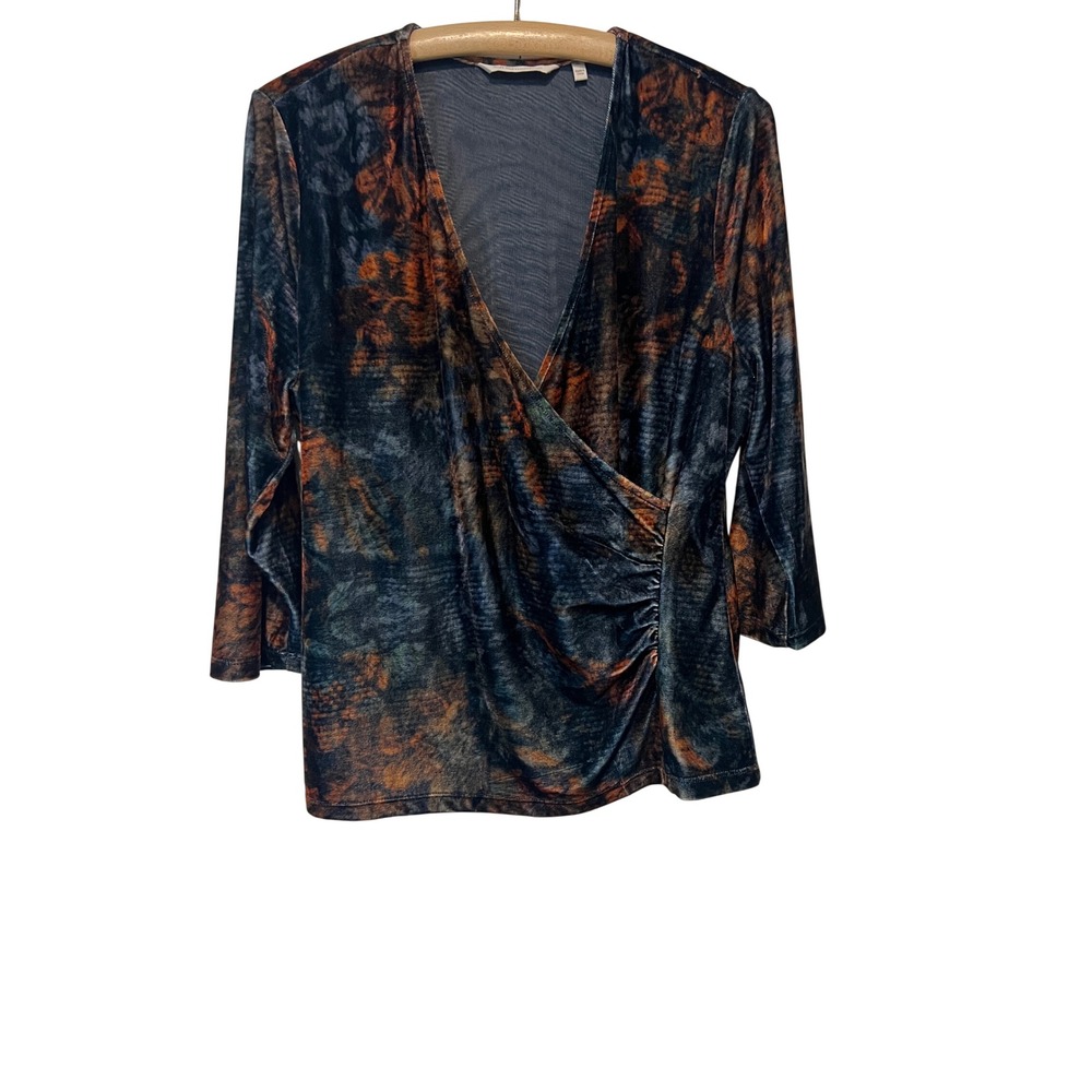 Soft Surroundings Faux Wrap Top Women XL Multicolor Velvet 2FY43 Ruched Blouse